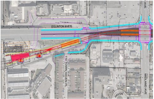 Representative diagram of an at-grade station option (SO6) showing a bird's eye view of Kennedy Station to Midland Ave