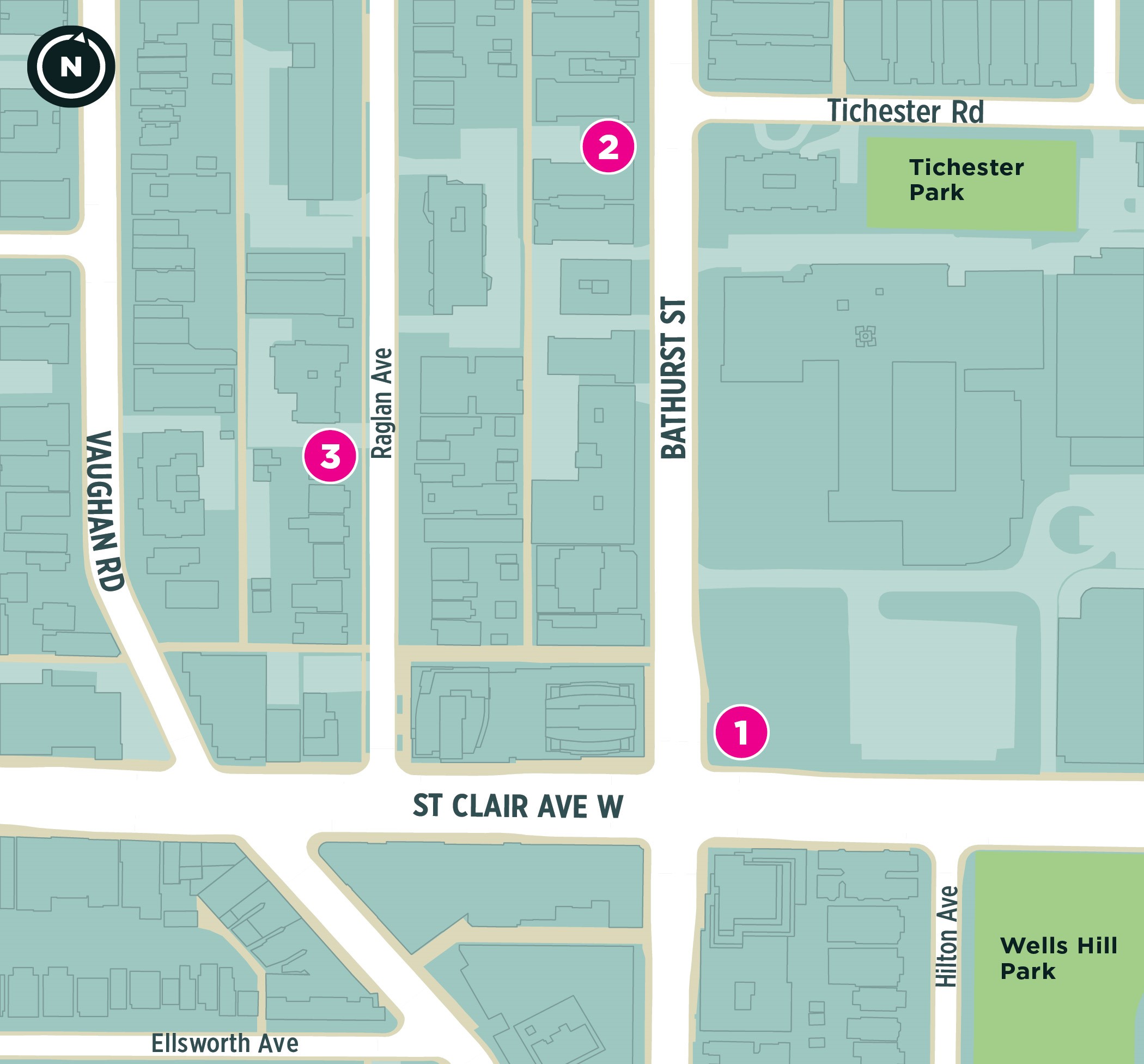 Map of Bathurst and St. Clair neighbourhood identifies the location of the three new parks with red stars on Raglan Avenue, north of St. Clair, at the north east corner of Bathurst and St. Clair, and on the west side of Bathurst at Tichester Rd.