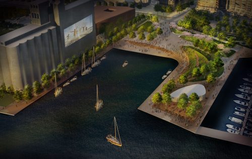 Artist's rendering of the Bathurst Quay waterfront park. Aerial view of a large park with a projector film screen.