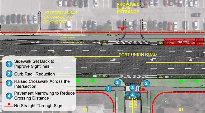 Diagram Highlighting the Additional Road Safety Measures at Tilley Drive. At the intersection of Tilley Drive and Port Union Road will have the sidewalk set back, curb radii reduction, a raised crosswalk, pavement narrowing and no straight through signs for added safety.