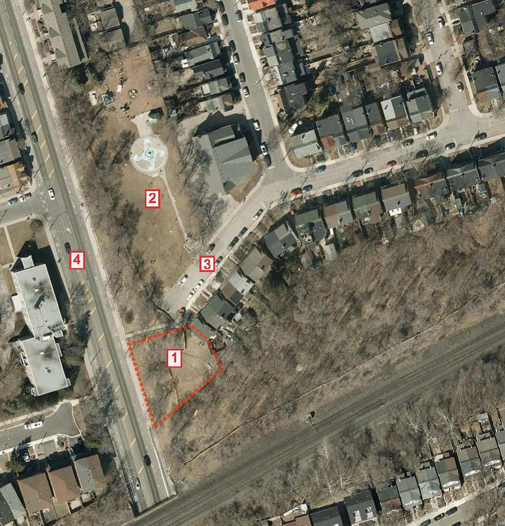 Aerial view of the project area, located between Oakcrest Avenue to the north-east and Woodbine Avenue to the west. Oakcrest Parkette is located just north of the project site, on the north side of Oakcrest Avenue and east of Woodbine Avenue.