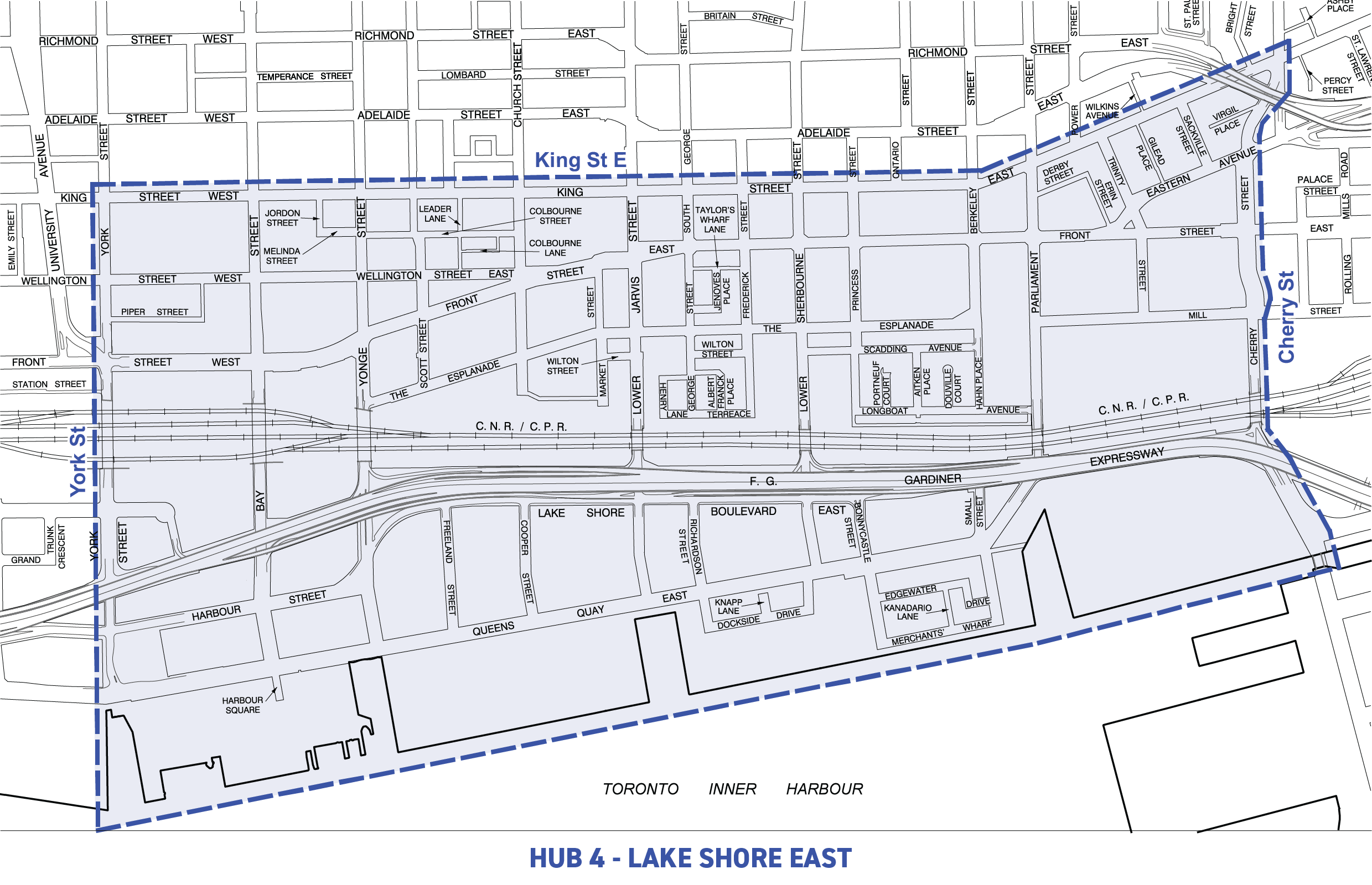 Lake Shore East Construction Hub borders are King St E, Chery St and York St.