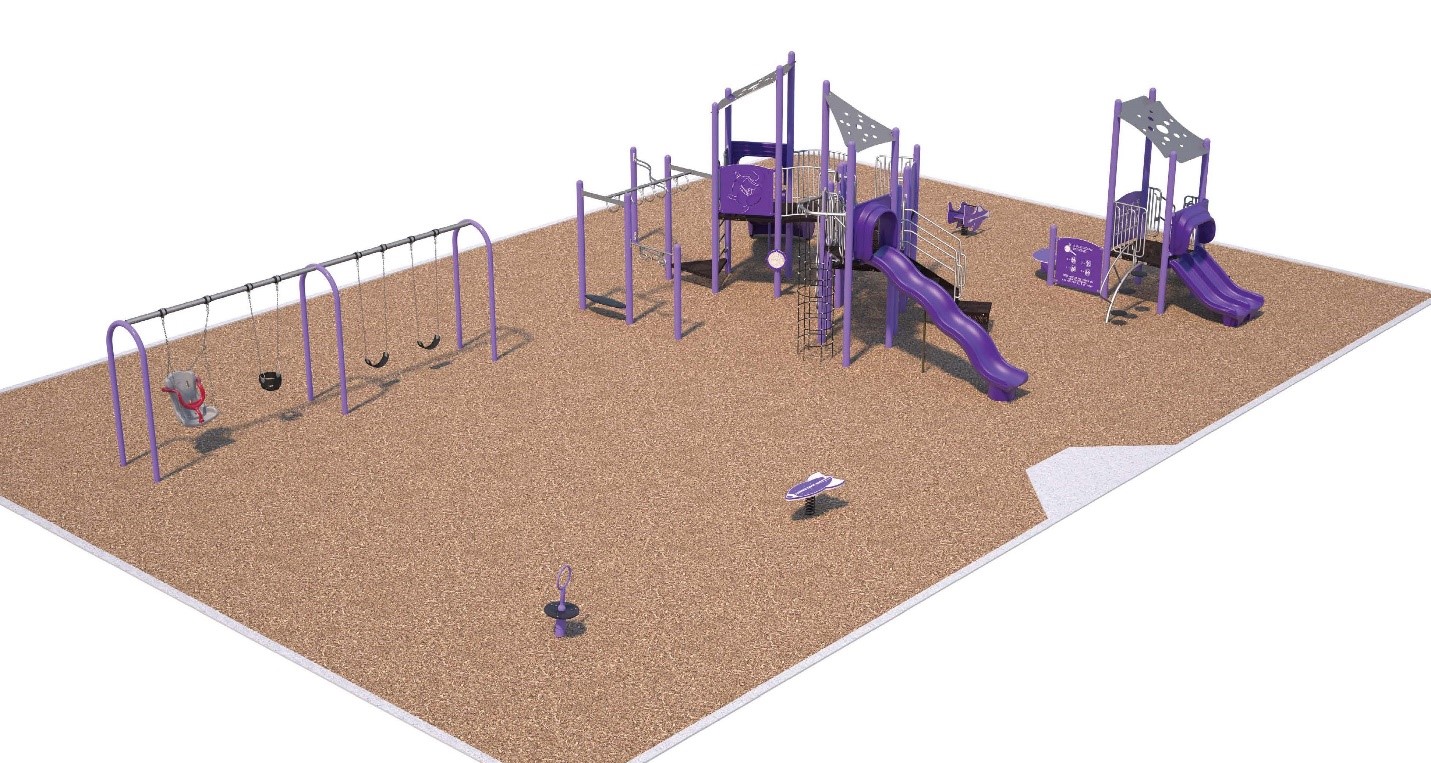 Aerial rendered view of Playground Design A for the St. Lucie Park Playground improvements looking from northeast to southwest. A new swingset with two belt swings, a toddler swing and one accessible swing next to a new senior play structure with a large wavy slide and five climbing options. A spring toy is between the senior and junior play structures. One junior play structure with a double slide and two climbing options. Primary colour for the equipment is purple.