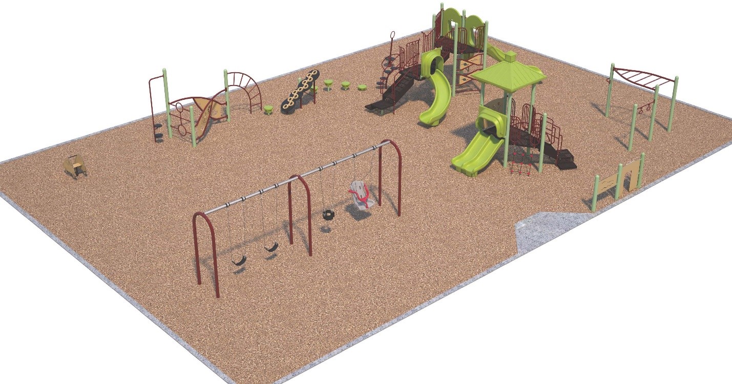 Aerial rendered view of Playground Design B for the St. Lucie Park Playground improvements looking from northeast to southwest. A new swingset with two belt swings, a toddler swing and one accessible swing next to a new junior play structure with a double slide and three climbing options. One senior play structure with two large curved slides slide and four climbing options. Primary colour for the equipment is green.