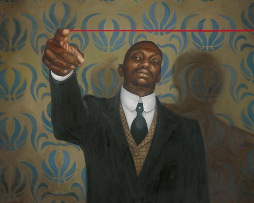 Painting of a man in a suit draws with his finger a red horizontal line towards the camera