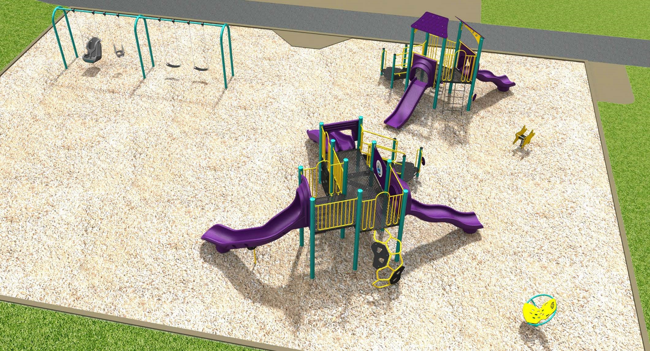 Aerial rendered view of Playground Design C for the St. Lucie Park Playground improvements looking from west to east. A new swingset with two belt swings, a toddler swing and one accessible swing next to a new junior play structure with a wavy slide and three climbing options. On the south side of the park is one senior play structure with one double slide, one wavy slide, one large curved slide and four climbing options. Primary colour for the equipment is purple.