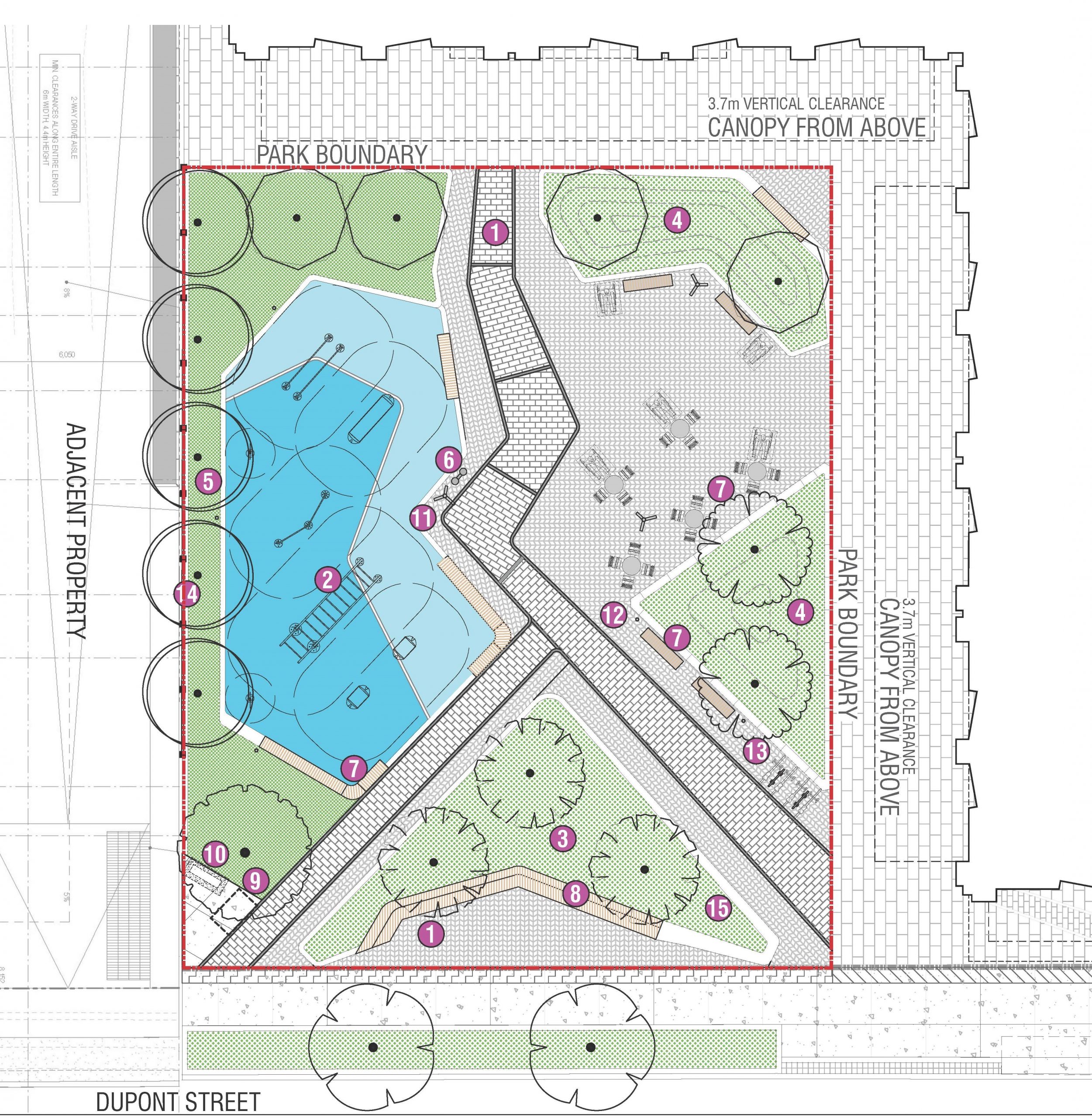 The image shows the Proposed Design in aerial view, with labels indicating park features on the right side. The Proposed Design includes a large play area or fitness area, bench and table seating, bike racks, games tables, and lighting.