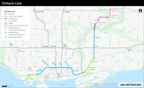 A map displaying the proposed 15 stations for the Ontario Line that will at operate from Exhibition/Ontario Place and East Harbour to the Ontario Science Centre station with interchange stations connecting GO train services and existing Subway lines.