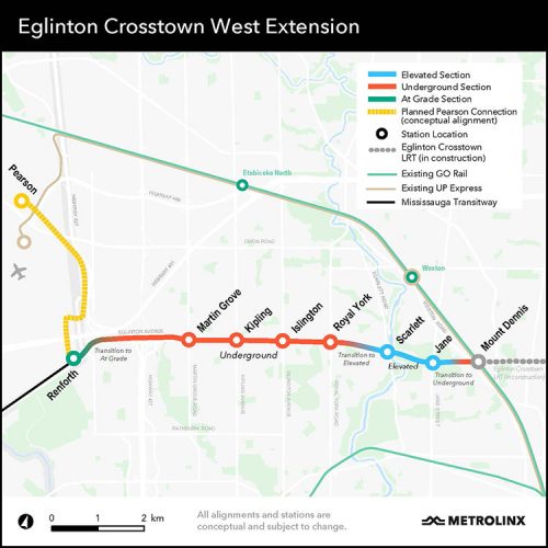 A map depicting the proposed 7 station stops from the future Mount Dennis Station on Line 5 (Eglinton) to Renforth Drive including the explored plans to extend the line to Pearson International Airport.