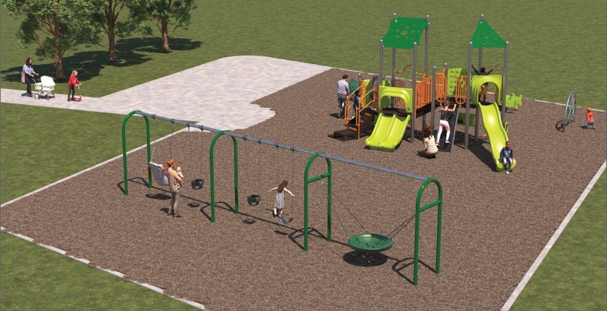 Playground Design B for Wanita Park Playground improvements, looking to the north-west from the south-east. From the lower right to the upper left, it includes one belt swing, two toddler swings, one accessible swing, and one accessible bucket swing, a combined junior and senior climbing structure, play panel, spring toy, and spinner toy. 