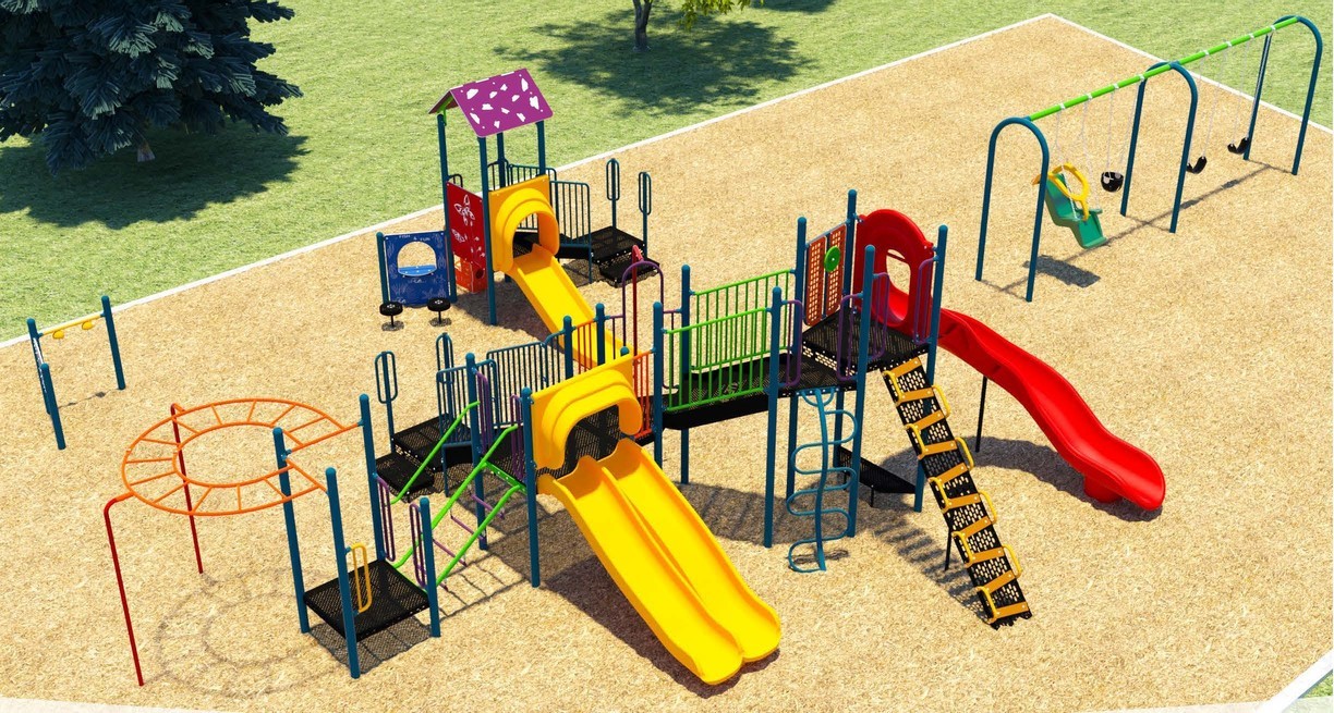 Playground Design A for Wanita Park Playground improvements, looking to the east from the west. From the lower left to the upper right, it includes a large, senior play structure, play panels, junior play structure, two belt swings, one tot swing, and one accessible swing.