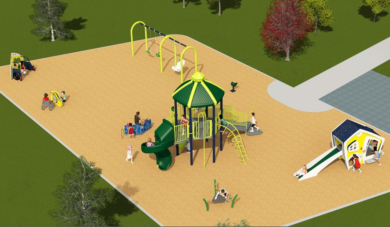 Playground Design C for Wanita Park Playground improvements, looking to the south-east from the north-west. From the lower right to the upper left, it includes a junior climbing house, balancing toy, senior climbing structure, two play panels, spinning toy, small play structure, one belt swing, one toddler swing, and one accessible swing.