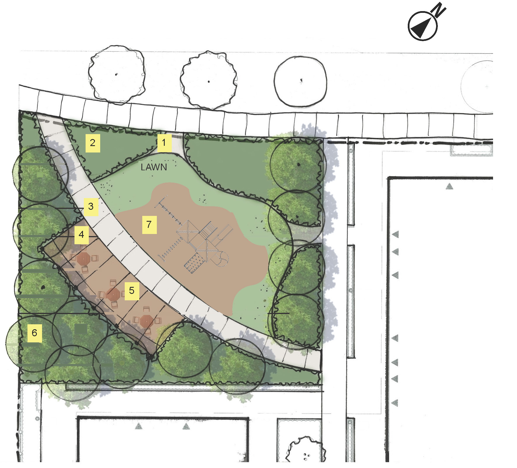 An aerial plan showing the proposed design for the new park at 71 Curlew Drive, with numbered labels showing the location of each proposed feature in yellow. 