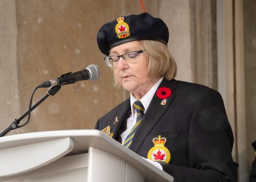 A member of the Royal Canadian Legion speaks at a Remembrance Day Ceremony