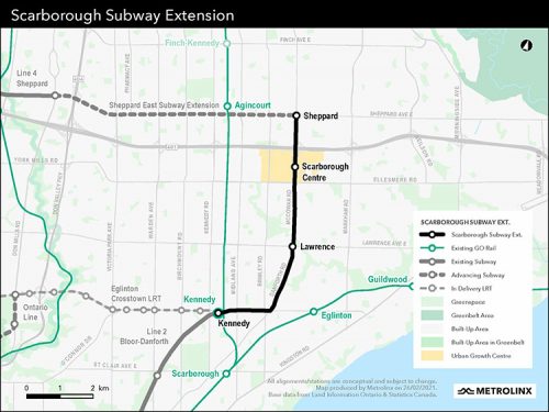 A map depicting the 3 station stops of the Scarborough Subway Extension that extends Line 2 (Bloor-Danforth) from Kennedy Station to a new terminus at Sheppard Avenue East and McCowan Road.