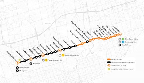 A map depicting the 25 station stops of the Eglinton Crosstown Light Rail Transit project that will operate from east to west along Eglinton Avenue from Kennedy Station to Mount Dennis Station.