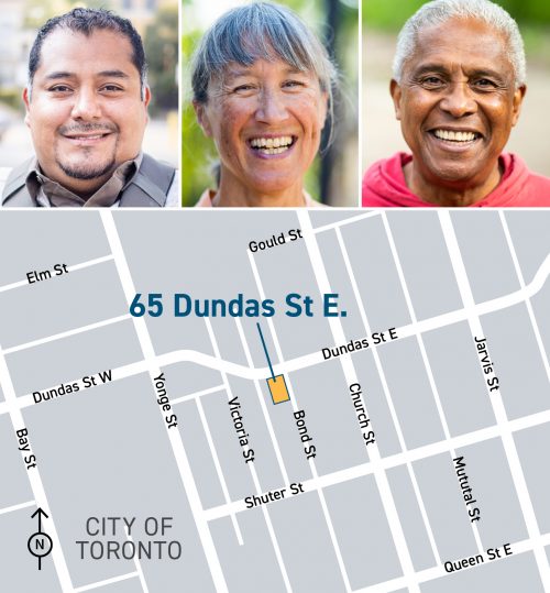 Image showing the map of 65 Dundas Street East at the southwest corner of Dundas Street East and Bond Street and photos of three individuals as representation of future residents of the building. 