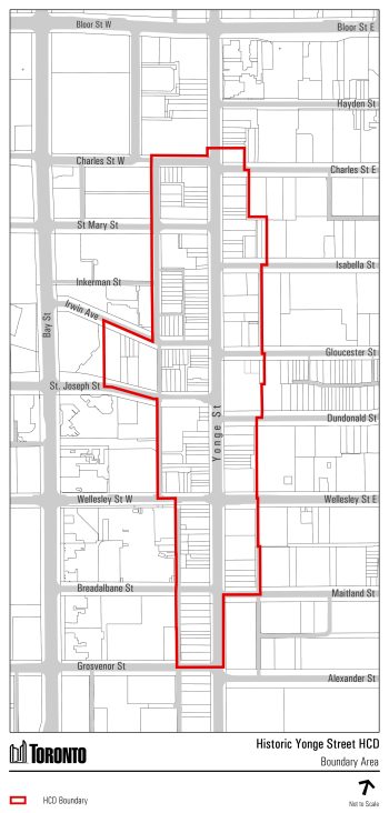 A map of the Yonge Street area with a thick red line indicating the boundary of the Historic Yonge Street Heritage Conservation District.