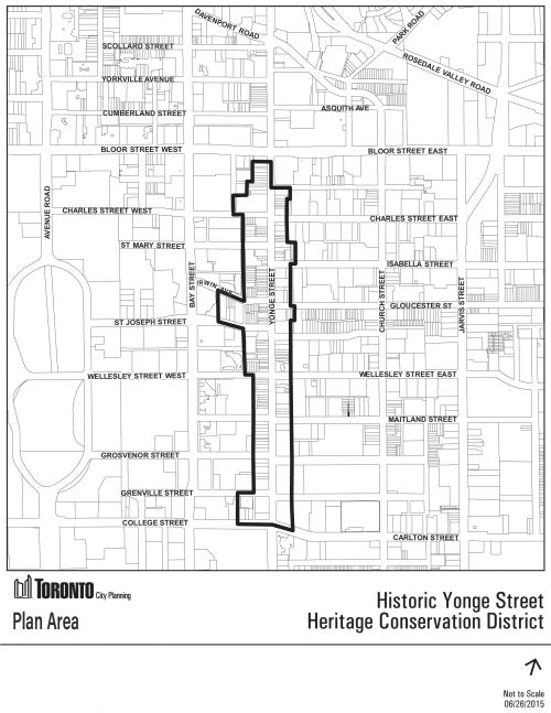 A map of the Yonge Street area with a thick black line indicating the boundary of the Historic Yonge Street Heritage Conservation District.