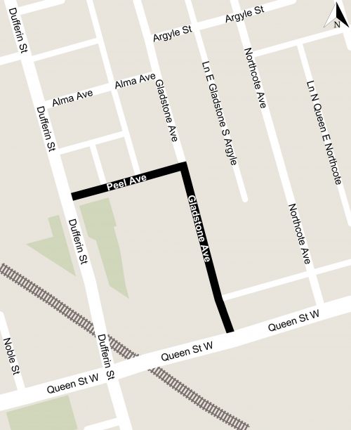 Map of work area on Peel Avenue from Dufferin Street to Gladstone Avenue and Gladstone Avenue to Queen Street West. For further information, contact Steven Ziegler at 416.392.2896 or steven.ziegler@toronto.ca 