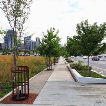 Green Streets at the Six Points Interchange Reconfigurations shows trees and plantings along wide boulevard.