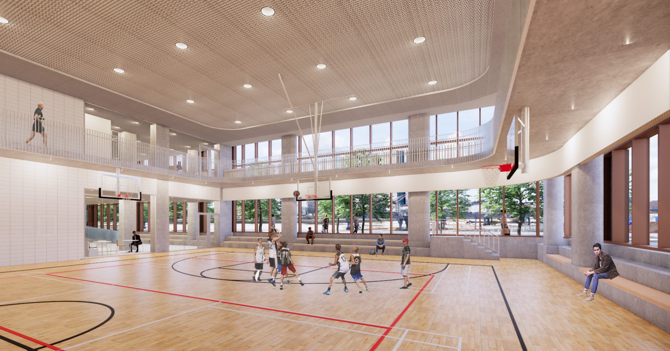 An illustration of the community recreation centre gymnasium, which shows people playing basketball. The gymnasium has wall to wall bench seating on one side and a running/walking track surrounds the perimeter of the gymnasium from the second floor.
