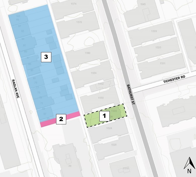 A map showing the location of the new park at 1528-1530 Bathurst Street (1). To the west is a small Privately Owned Publicly-Accessible Space (POPS) (2). Together the new POPS and the new park create an east-west connection between Raglan Avenue and Bathurst Street. There is a new development located north of the POPS on Raglan Ave (3). 