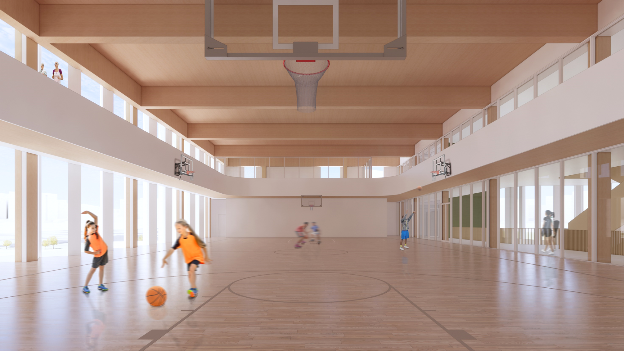 Draft design rendering of the double gymnasium with a western wall of glass and louvres and an eastern wall of glass facing an internal hallway. A raised running track is included on the top outer edge of the gymnasium space. In the gymnasium, people are playing basketball.