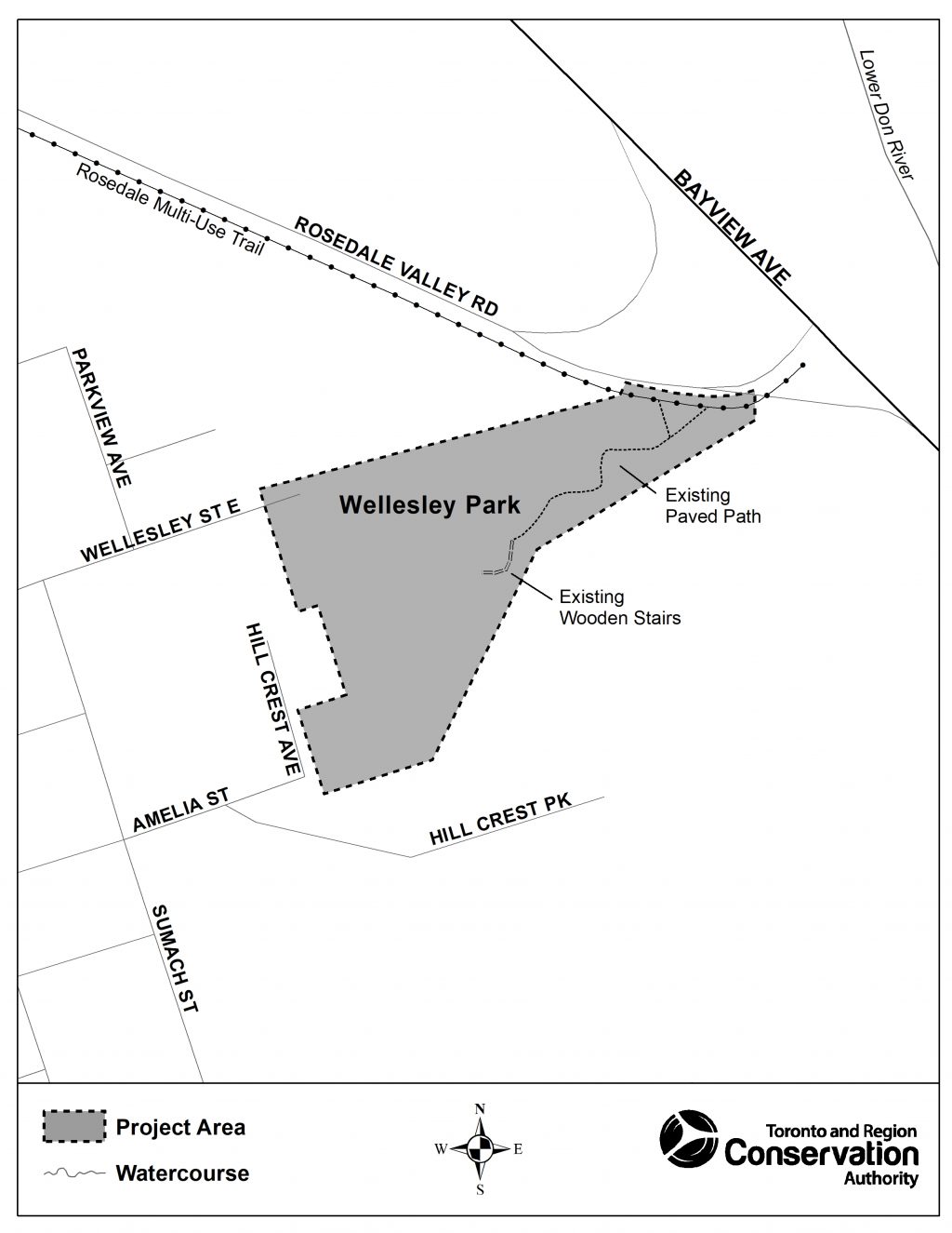 The Project area includes the existing connection and adjacent lands between the Rosedale Valley Road at the bottom of slope and Wellesley Park (Wellesley Avenue) on the top of the slope in the tableland. 