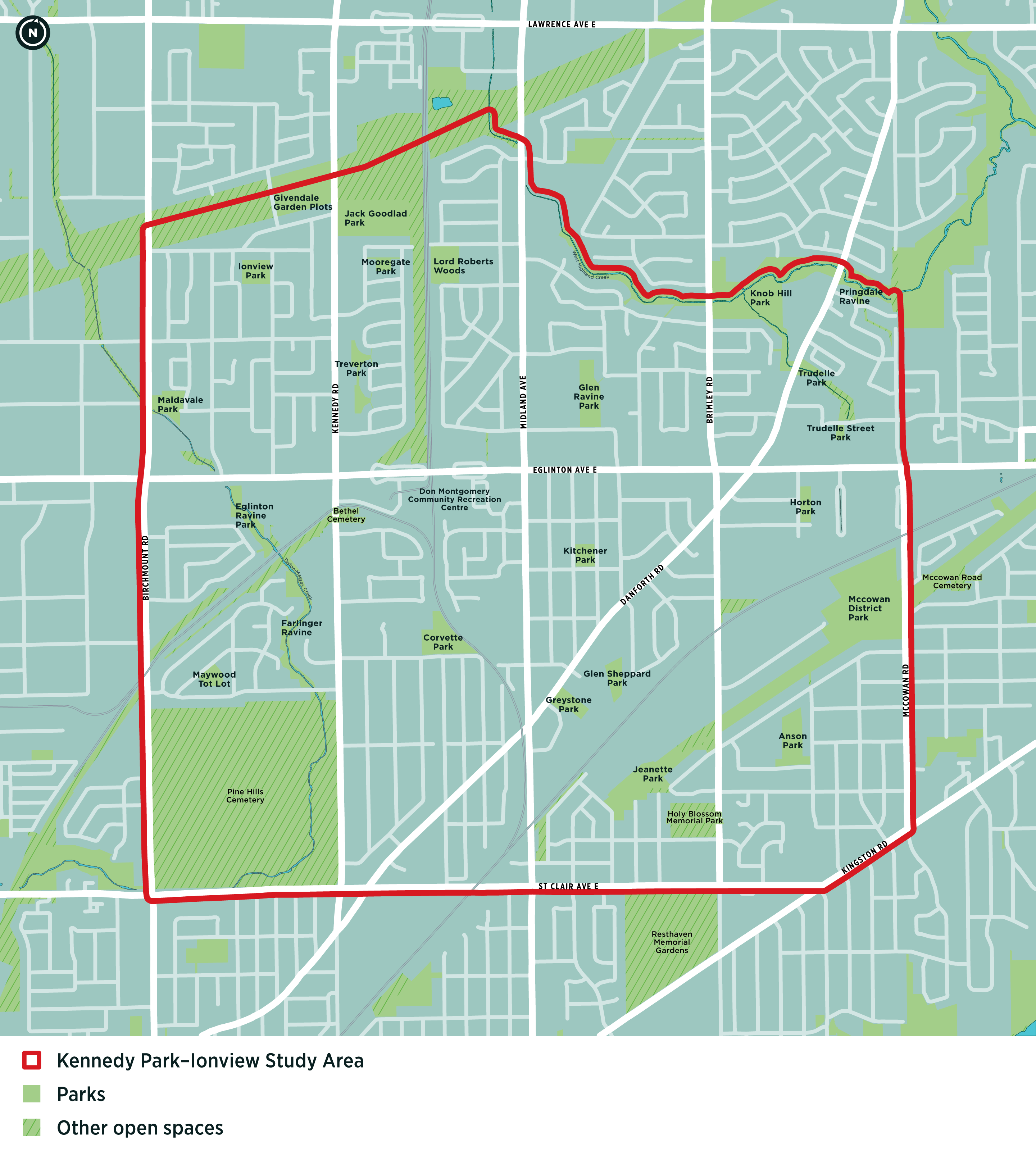 Map illustrating the boundaries of the Kennedy Park-Ionview study area in the Scarborough district. The study area is bounded by Birchmount Rd (to the west), the Hydro Corridor and West Highland Creek (to the north), McCowan Rd (to the east), and St. Clair Ave E (to the south).