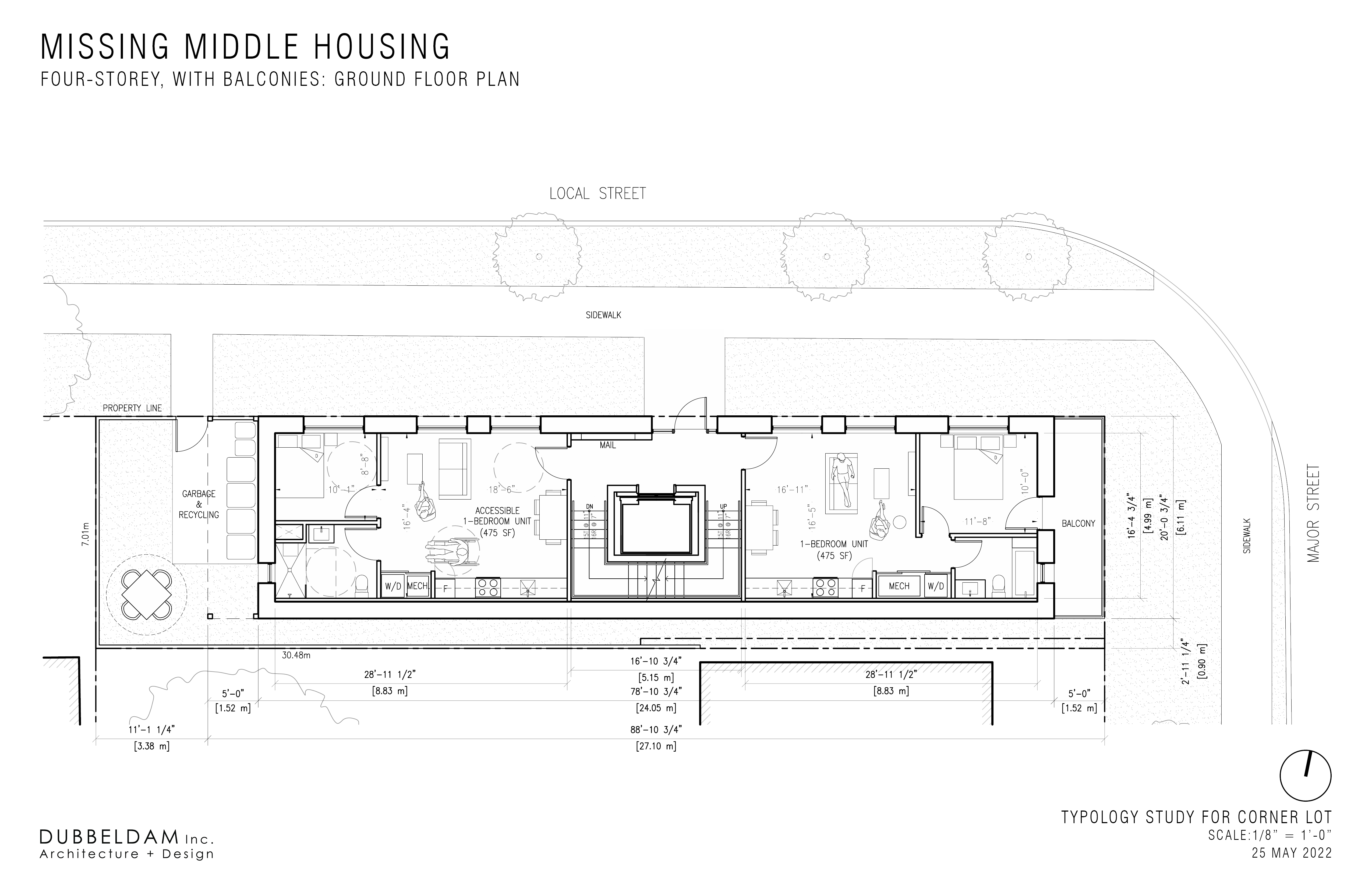 Ground floor plan of a 4-storey missing middle development with a single stair and elevator core allows for accessible and barrier-free ground floor units