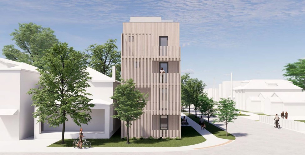 A rendering of a 4-storey missing middle development facing the street. The building has balconies facing the street, is about two storeys taller than its surroundings, and allows for tree planting along both frontages.