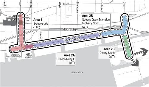 A map of a proposed alignment of the Waterfront East Light Rail Transit project that will run from Union Station across Queens Quay East to along northbound and southbound Cherry Street. 