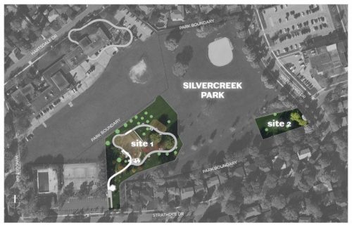 An aerial map of Silvercreek park showing that the improvements will take place at two sites. Site 1 is located in the south west of the park, around the current playground, with a pathway connecting to the existing parking lot. Site 2 is locate on the south east end of the park, off of Waterford Drive.