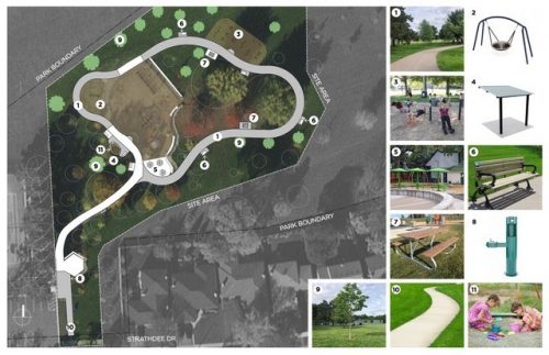 An aerial site plan on of the site 1 improvements on the left, with the feature additions shown on the right. Features include 1. A Path Loop Extension , 2. A Team Swing, 3. An Adult Fitness Area, 4. A Shade Canopy, 5. An Accessible Picnic Table with Shade, 6. New Benches, 7. An Accessible Picnic Table, 8. A Water Fountain and Bottle Filler, 9. New Trees, 10. A Sidewalk, 11. A Sand Play Area
