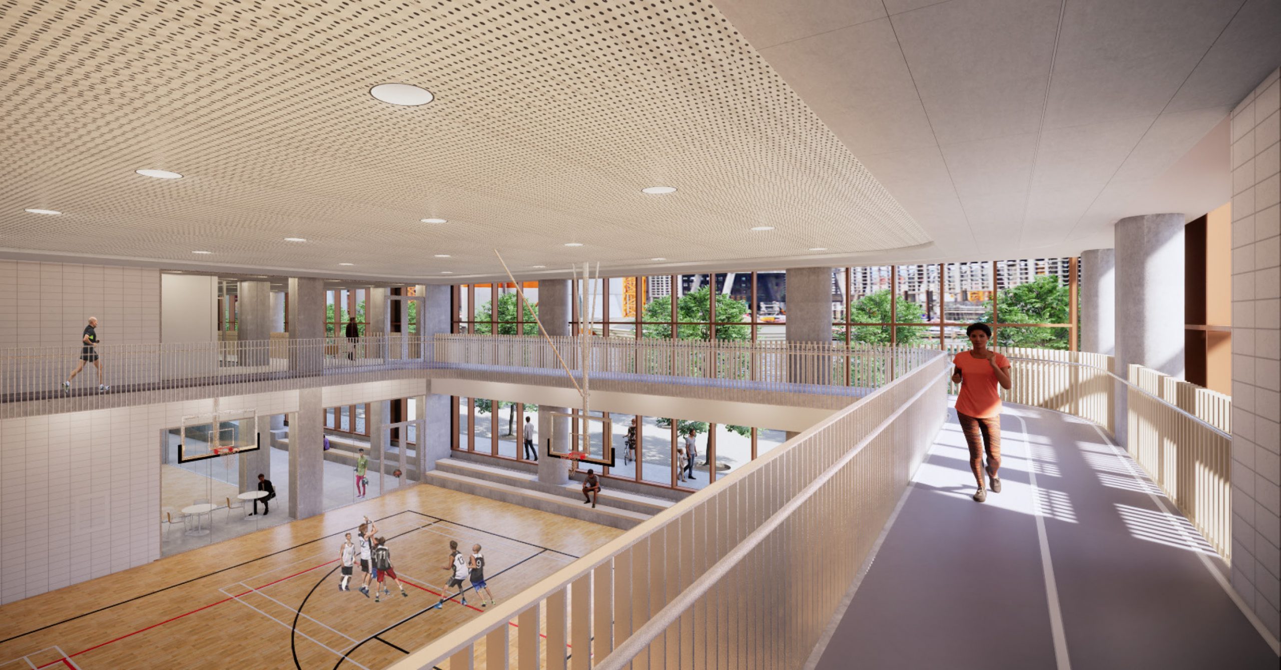 An illustration of the community recreation centre track, located on the second floor, which shows people running. Below the track are people playing basketball in the gymnasium.