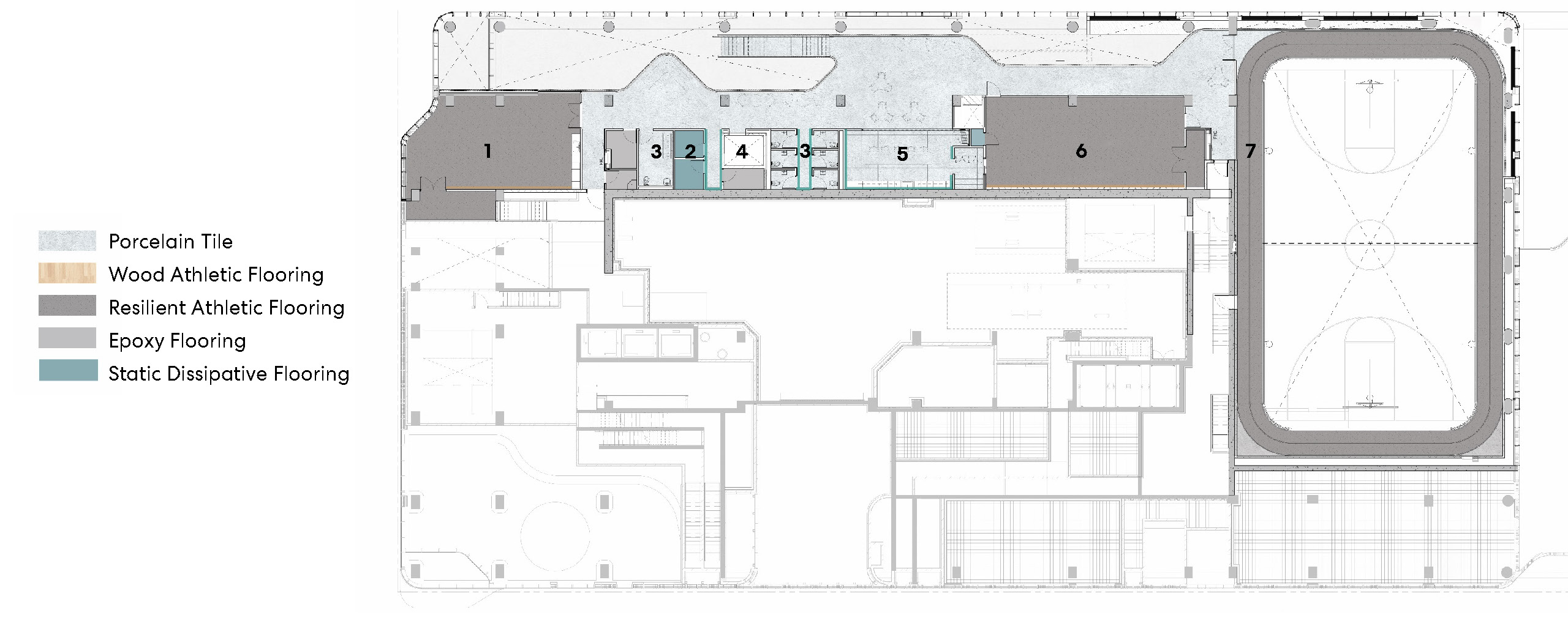 A floor plan of the second floor of the new East Bayfront Community Recreation Centre with numbered labels showing the location of various features and rooms. From left to right, activity room 3, washrooms, service space, elevator, washrooms, community kitchen and multi-purpose room. 