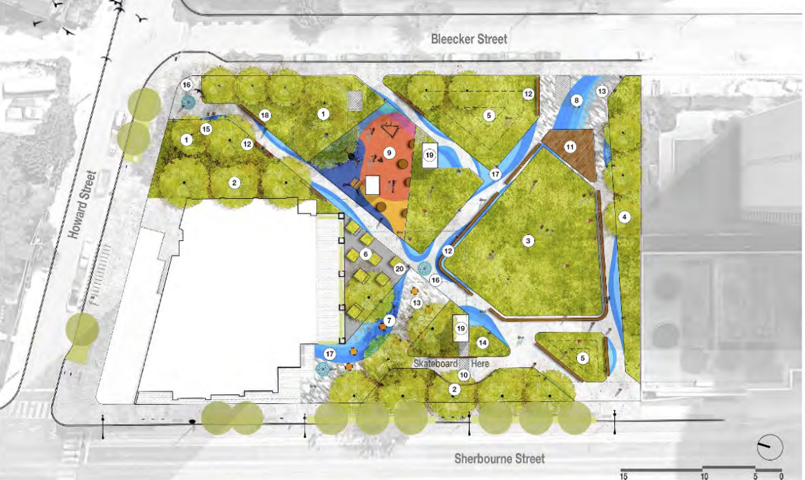 Aerial plan of the preferred design for the St James Town Park improvements, with numbered labels indicating the location of each feature listed below. 
