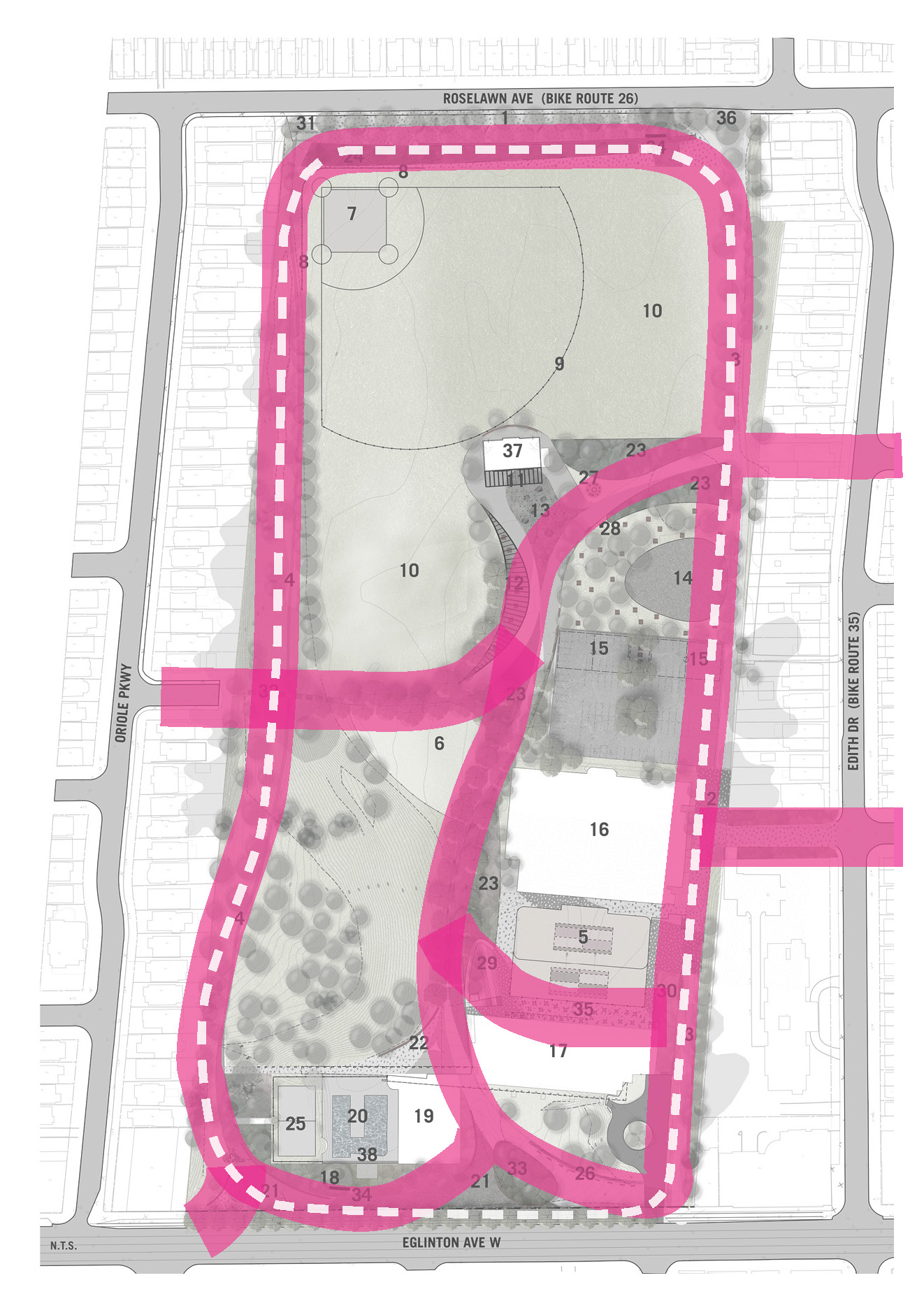 An aerial map of Eglinton Park showing the pathways improvements identified in the Master Plan in pink. A path connects around the perimeter of the park. A curved pathway connects the west side from Oriole Parkway to the east of Edith Drive. A pathway connect Eglinton Avenue to the east and west side of the park. 