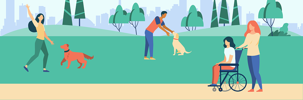 An artist illustration of a park with dogs and their owners in the foreground. There are various park users in the park using the pathway with a mobility device. The Toronto skyline is pictured in the far background.