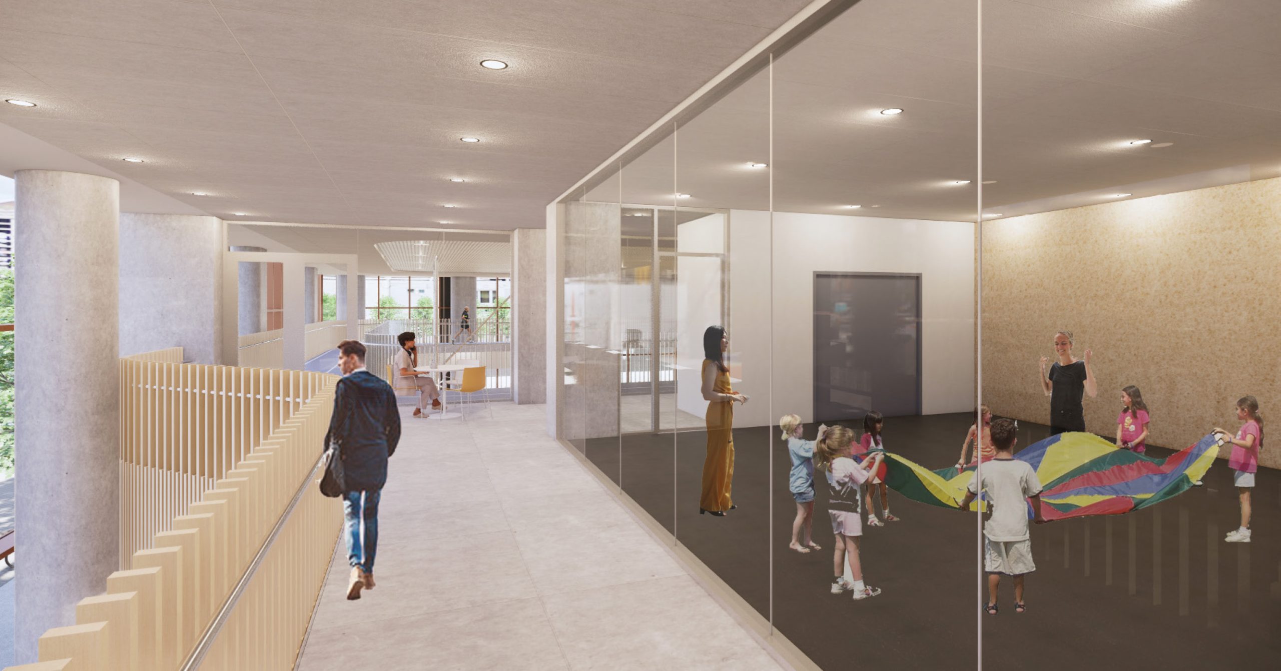 An illustration of the community recreation centre multi-purpose room, which shows children playing with a parachute through the glass wall of the room. The second floor hallway runs parallel to the multi-purpose room and has a ledge that looks down to the first floor.