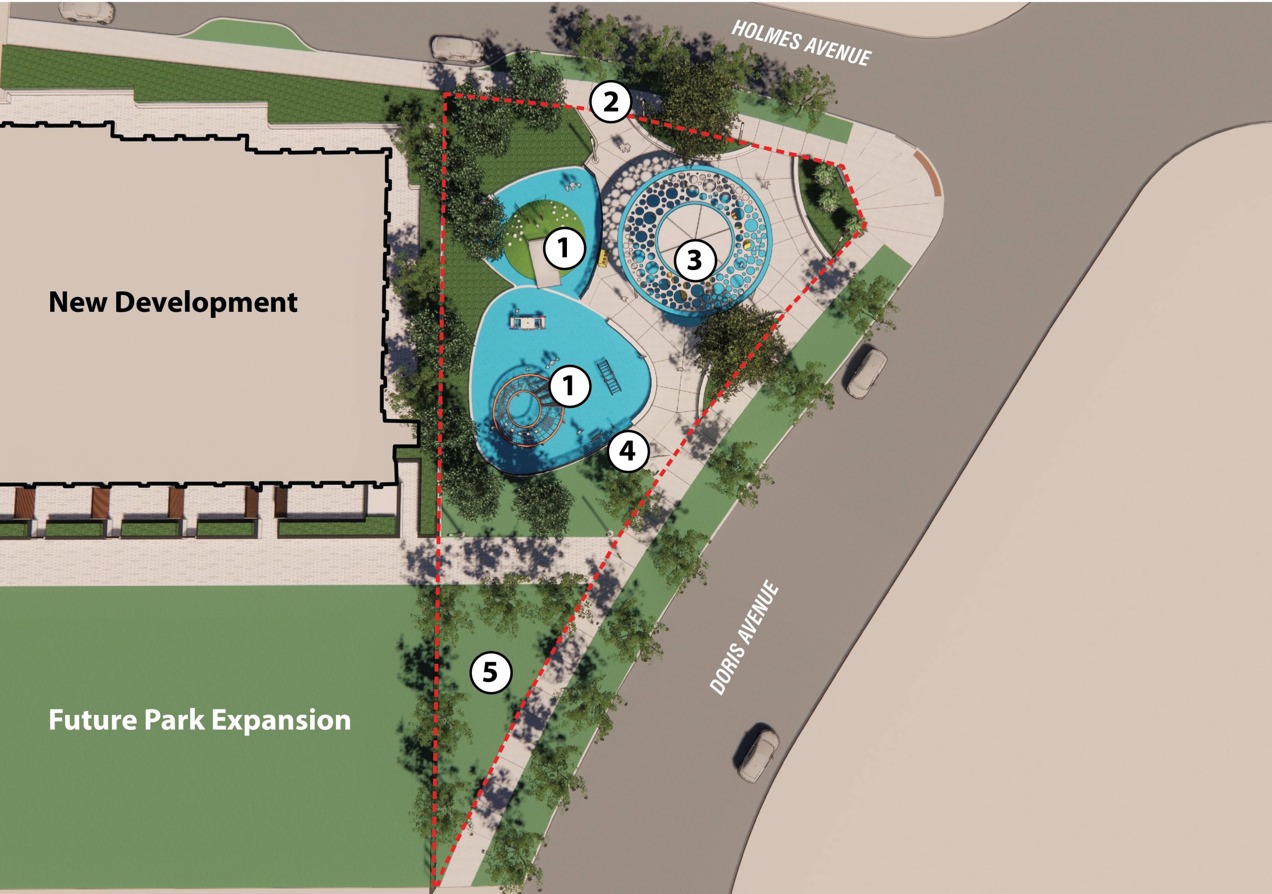 An aerial plan of the park design for 25 Holmes Avenue, with numbered labels indicating the location of each feature. From the north to south, the park features a water fountain along Holmes Avenue, a play area, shade structure with seating, bike racks and an open law to the south, near Doris Avenue. 