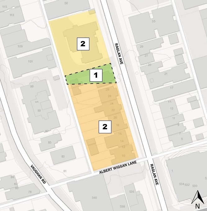 A map showing the location of the new park at 32/40 Raglan Ave (1). New developments (2) are located on the north and south sides of the new park. 
