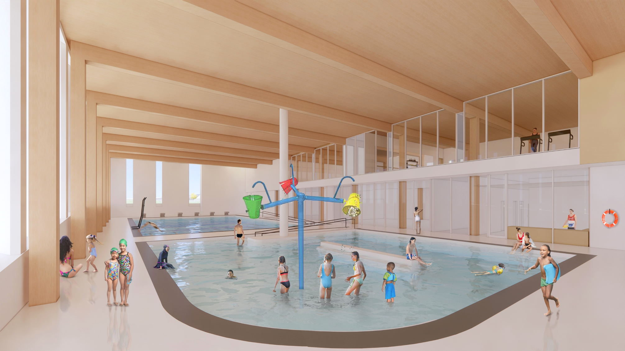 Draft design rendering of the aquatics facility showing the leisure pool in the foreground with 3 dump-bucket water play features and lane pool in the background with a removable climbing wall feature. Both pools have accessible ramp entrances.