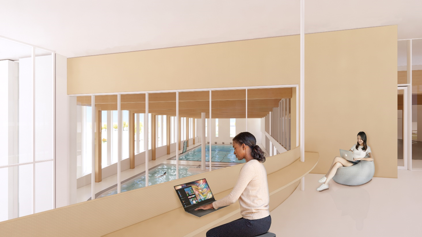 Draft design rendering of the multi level lobby area, looking west over the main lobby and pool facility, including seating and tables. People are sitting and working at a computer.