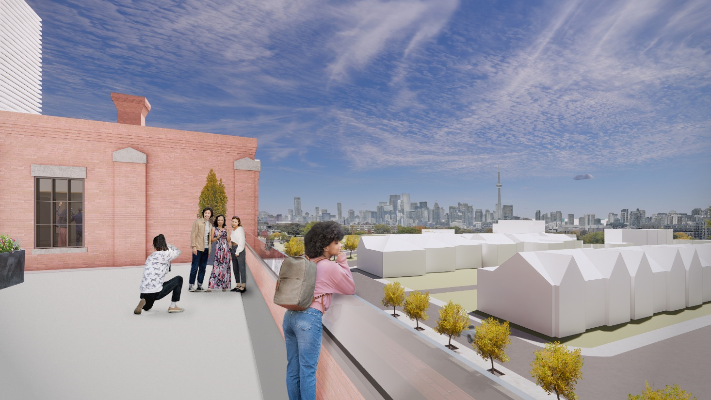 Draft design rendering of the rooftop area on the Linseed Factory, with people taking in the views towards the downtown Toronto skyline.