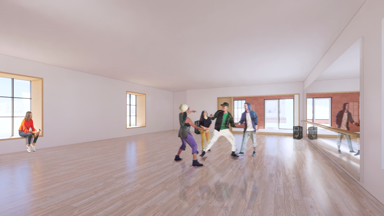 Draft design rendering of the dance Studio that includes a sprung wood floor, mirror wall, barre, and sound system.