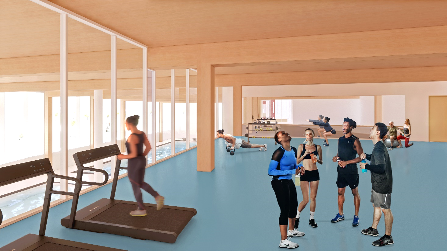 Draft design rendering of the fitness area with people working out, chatting and running on a treadmill. The west side of the fitness area overlooks the pool.