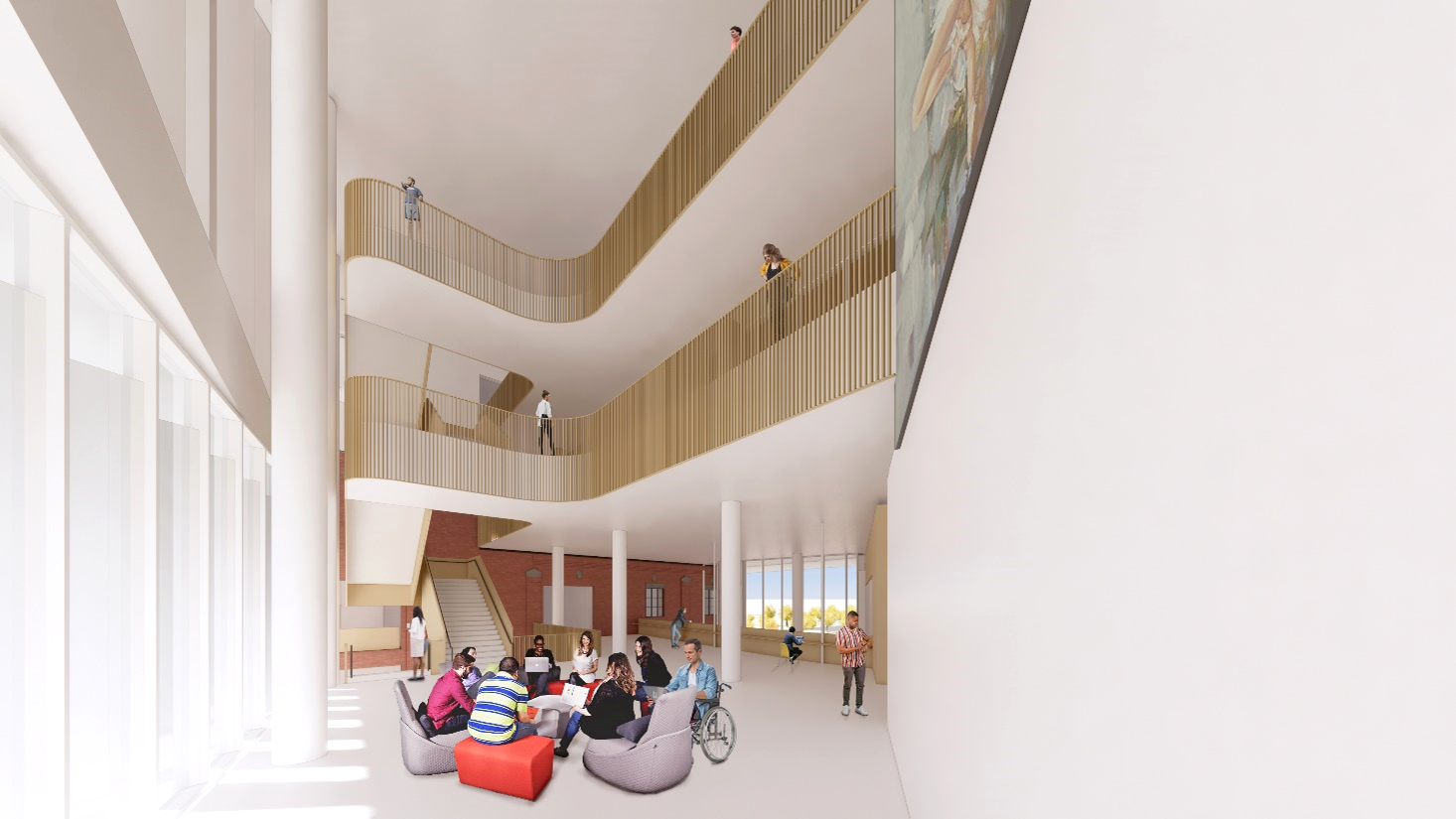 Draft design rendering of the bright multi level lobby area showing a casual seating or meeting area and upper floor lobby spaces with wooden railings. People are hanging out in the seating area.