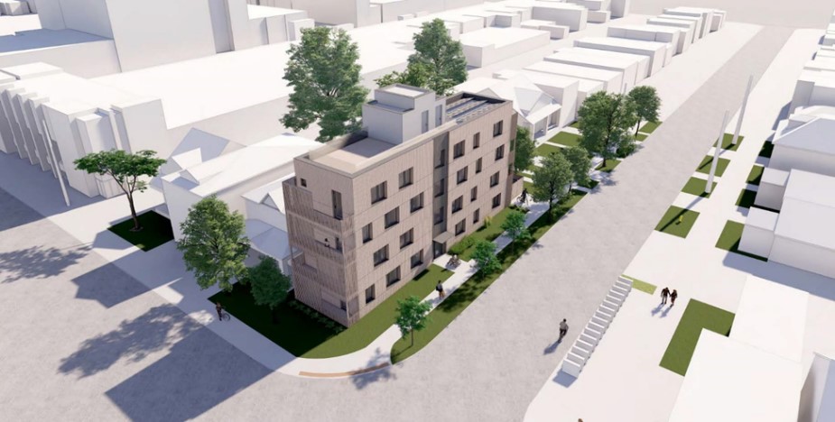 A 3d rendering of a 4-storey missing middle development on a narrow corner lot in a Neighbourhoods context, facing a Local Street and a Major Street. A corner lot in the City typically has two frontages facing public streets, with setback, building address and access, and landscaping conditions that differ from midblock lots.
